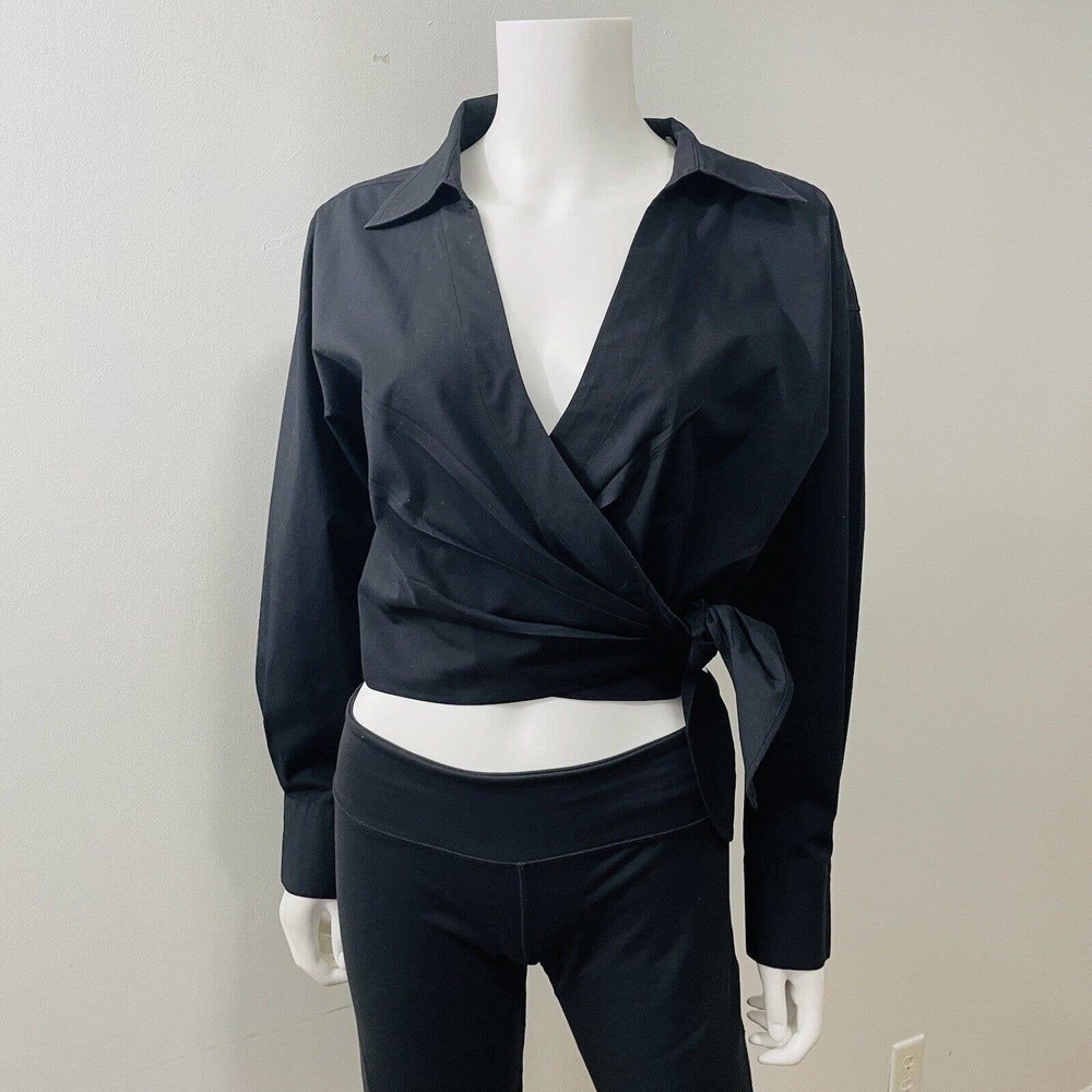 Vince S Blouse Wrap Around Black V-neck Crop Collared Keyhole Solid Black Top